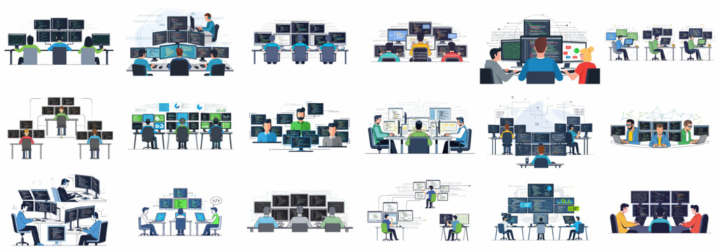 Software development team working on multiple monitors, coding, programming, and analyzing data interfaces in a collaborative office environment.