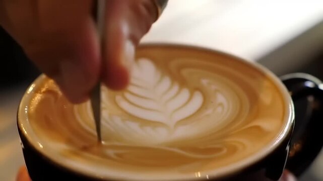 Latte art being crafted in a cafe.