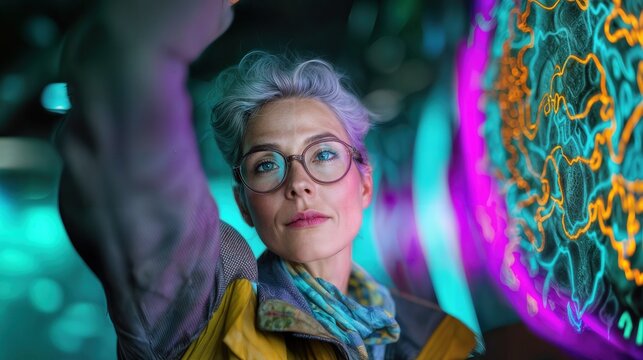 Introspective moment of a woman in glasses, gazing intently at a vibrant, abstract display, surrounded by an atmosphere of futuristic technology. The image is filled with neon lights.
