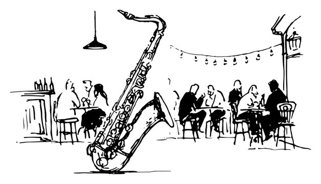 Hand drawn saxophone musical instrument with people sitting in jazz cafe bar background Vector sketch illustration of night concert party