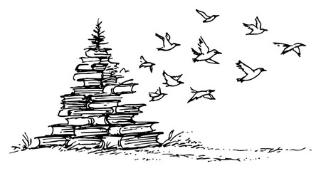 Hand drawn Christmas Tree of Books with Flying Birds Black and White Doodle Vector Illustration