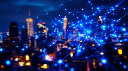 Abstract glowing blockchain network in city at night as business concept