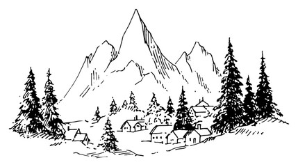 Mountain landscape with pine forest and small village houses hand drawn vector sketch illustration of alpine scenery