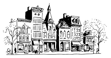 Obraz premium Hand drawn Historic City Street Storefronts Row Black and White Doodle Vector Illustration