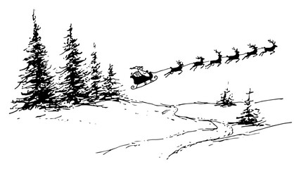 Fototapeta premium Hand Drawn Santa Sleigh with Reindeer Flying Over Snowy Pine Forest Vector Illustration
