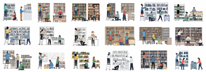 Diverse team of archivists and librarians working to organize books, files, and documents in a library or records management office. © Nurdayatt