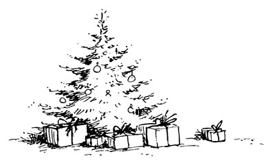 Fototapeta premium Hand Drawn Decorated Christmas Tree with Wrapped Presents Festive Vector Illustration