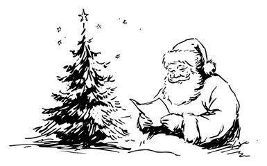 Fototapeta premium Hand drawn Santa Claus Reading Letter beside Decorated Christmas Tree Black and White Doodle Vector Illustration