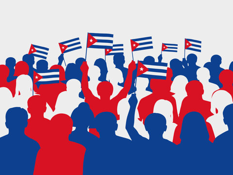 Silhouettes of crowd with cuba flags in red, white, and blue colors. Demonstration concept.