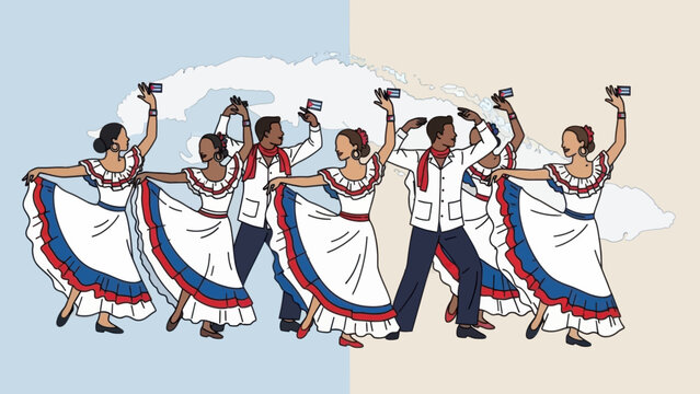 Group of cuban folk dancers in traditional dress performing with cuban flags. Vector illustration.