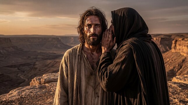  Satan Tempting Jesus Christ on the High Mountain: Biblical Scene of The Temptation in the Wilderness -Matthew 4