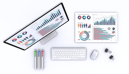 ビジネス書類とデータを表示したデスクトップパソコン