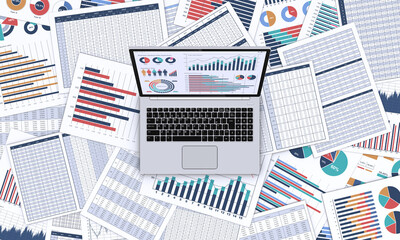 ビジネス資料とデータを表示したノートパソコン