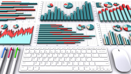 3Dで表現したビジネスグラフとキーボード