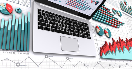 3Dで表現したビジネスグラフとノートパソコン