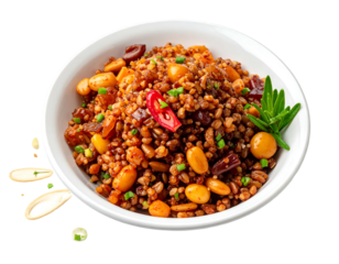 A bowl of grain salad with mixed ingredients, including nuts, spices, herbs, & diced vegetables, on a black background