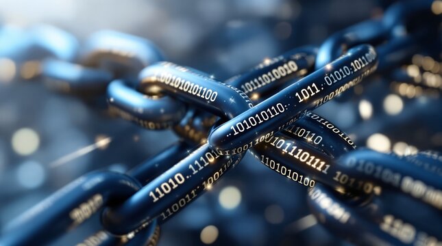 Close up of blockchain network with binary data