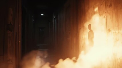 Creepy figure in smoky hallway with ominous lighting for cinematic horror atmosphere