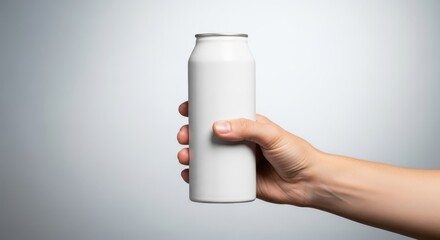 A hand holding a white beverage can against a neutral background