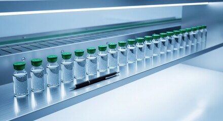 A line of vaccine vials with a pen in a sterile environment