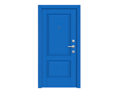 A bright blue, rectangular paneled door with silver hardware against a black backdrop in a studio setting