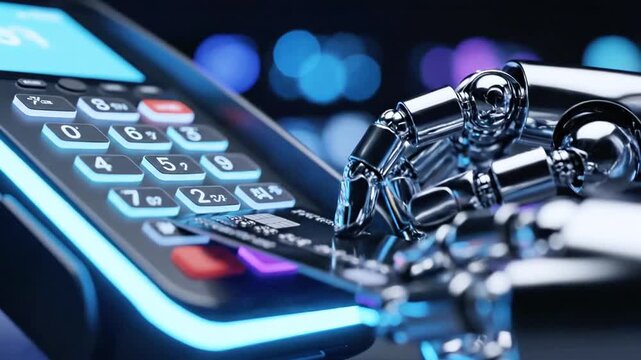 A robotic hand inserts a credit card into a point-of-sale terminal with a glowing display