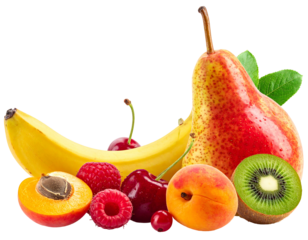 A bright cluster of mixed fruits with vibrant colors against a black backdrop
