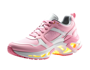 A bright, stylized pink running shoe, with white accents and a glowing, abstract sole
