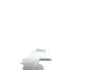 A bright, sunny patio area with a grill, seen from a distant angle, framed by dark, shadowy surroundings