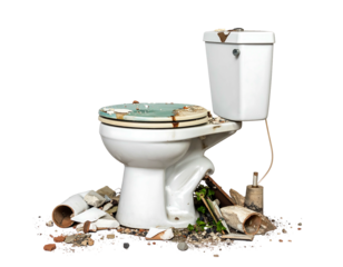 A broken, porcelain toilet surrounded by debris, suggesting abandonment, ruin, or destruction against a stark black background