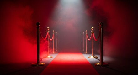 A red carpet event is captured in a dramatic and atmospheric scene with spotlight effect.