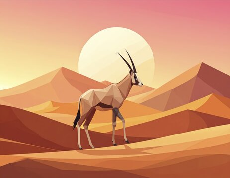 Low poly oryx in a desert landscape under a large setting sun in an abstract art style - Powered by Adobe