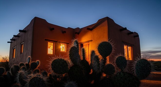 Adobe home glows warmly at dusk, framed by prickly cacti against a serene evening sky landscape.