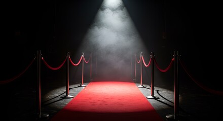 Dramatic spotlight illuminates a red carpet flanked by ropes in the darkness and smoke filled space.