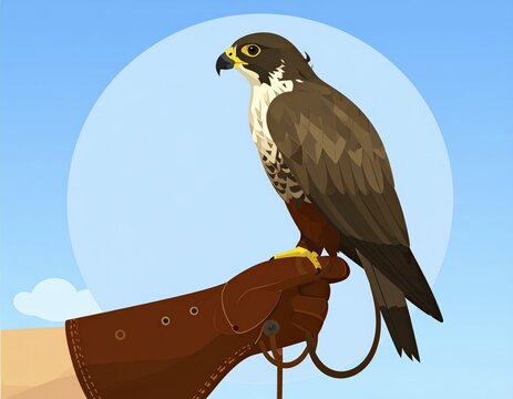 Falcon Perched on a Leather Glove Against a Blue Sky