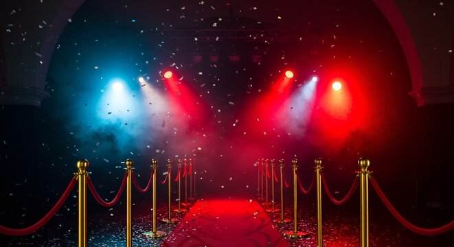 Vibrant red carpet scene, illuminated by blue and red stage lights with falling confetti effect. - Powered by Adobe