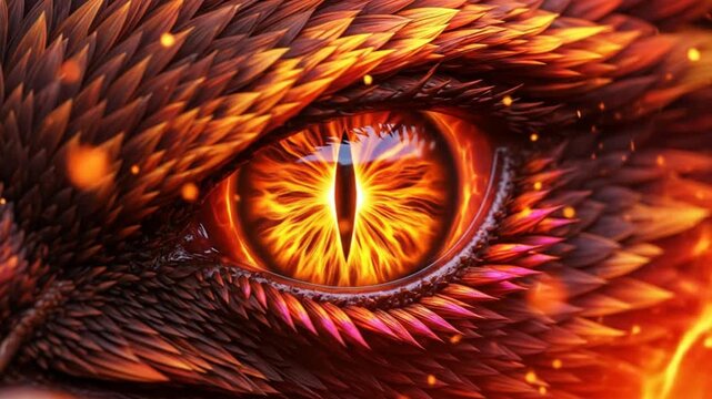 Close up of a fierce dragon eye with fiery orange and yellow scales.