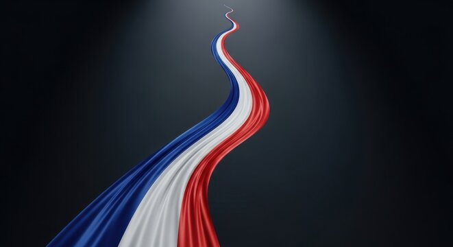 Wavy tricolor ribbon with red, white, and blue stripes on a dark gradient background.