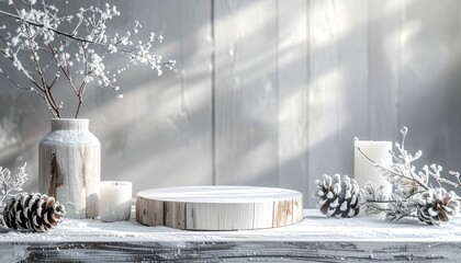 눈 덮인 솔방울과 우드 받침대의 러스틱 겨울 데코 ustic Winter Decor with Snowy Pinecones and Wooden Stand 