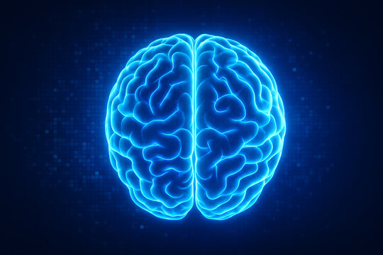 AI generated digital brain glowing in neon blue with anatomy lines and pixel data matrix background representing intelligence data processing neural networks and futuristic technology