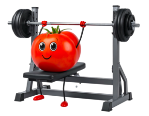 A cartoon tomato sits on a weight bench lifting a barbell, smiling