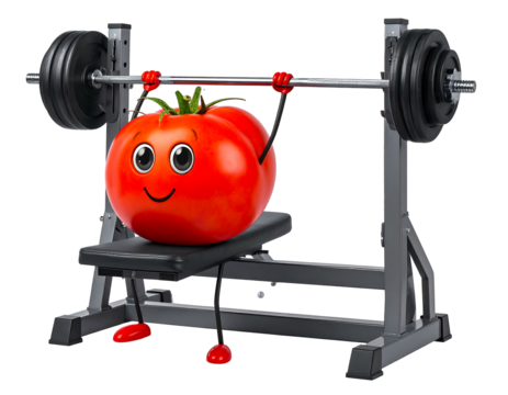 A cartoon tomato sits on a weight bench lifting a barbell, smiling