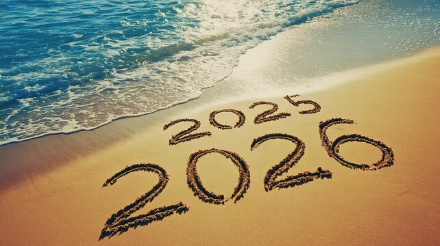 New Year 2026 Beach Countdown Sand Writing Conceptual Image for Future Planning and Goal Setting Inspirational Visual Representation