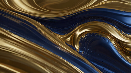 Abstract flowing wave pattern is crafted from highly reflective metallic gold and deep midnight blue liquid material surface.