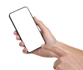 Man holding smartphone with blank screen on white background, closeup. Mockup for design