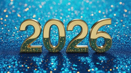 Glittering Gold 2026 New Year Countdown Celebration Design with Sparkling Blue Bokeh Background Ideal for Holiday Greeting Cards and Party Invitations
