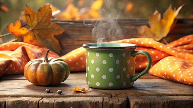 Cozy autumn scene with steaming mug of hot beverage surrounded by pumpkins and fall leaves