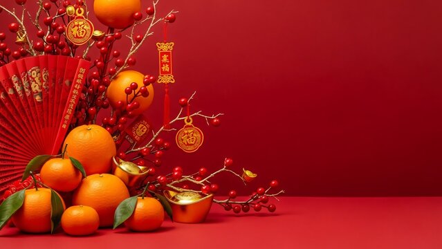 Lunar New Year Decorations Tangerines Red Envelopes Gold Ingots Festive Celebration Tradition Fortune Wealth