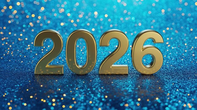 Gleaming Golden 2026 on Sparkling Blue Bokeh Background Perfect for New Year Celebrations and Future Events Design Elements