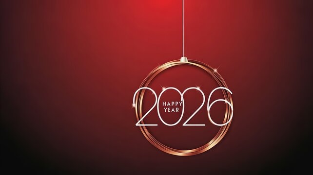 Elegant 2026 New Year Celebration Design with Copper Ornament and Sparkling Lights on Dark Red Background Ideal for Greeting Cards and Holiday Promotions